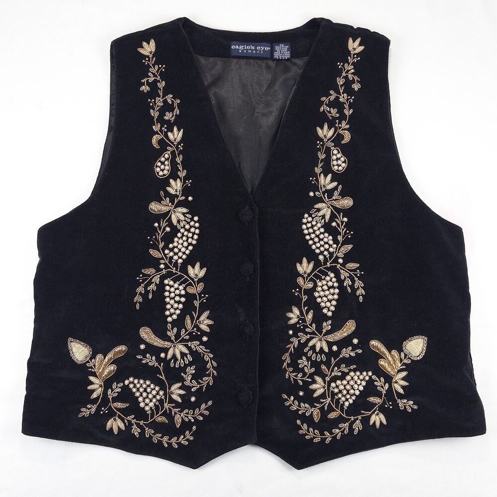 Eagle's Eye Velvet Vest VTG 90s Women 2X Black Gold Beaded Embellished Holiday